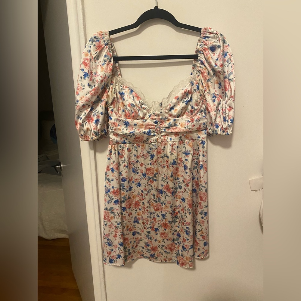 For love and lemons x VS floral pink and blue bustier dress puff shirt sleeved